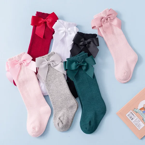 1 paio di calzini solidi per ragazze con fiocchi 100% cotone per bambini calzini morbidi per bambini calzini lunghi per bambini principessa calzini alti al ginocchio 0-7 anni 6