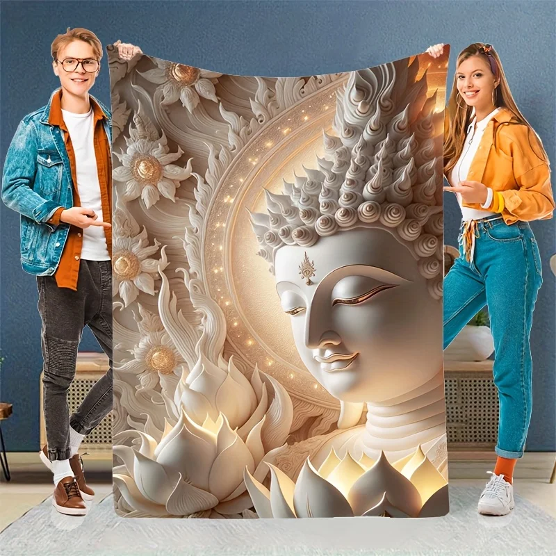 Coperta in flanella con stampa testa di Buddha sacra Zen vintage da 1 pezzo - Morbida, calda, accogliente, lavabile in lavatrice - Ideale per divano, letto, ufficio, 1