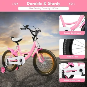 Bicicletta per bambini da 16 pollici, bicicletta per bambini con telaio in acciaio al carbonio con stabilizzatori per ragazzi e ragazze di 4-8 anni, rosa 1