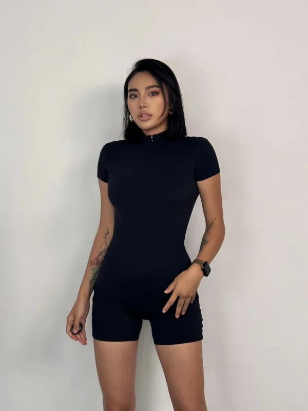 Tute da yoga da donna manica corta sottile slim fit elasticizzata tute intere pagliaccetto fitness sexy femminile cerniera di base abbigliamento sportivo 5