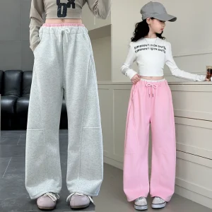 Nuovi pantaloni sportivi con coulisse per ragazze autunnali Pantaloni sportivi per bambini di colore rosa grigio Pantaloni sportivi per bambini Pantaloni sportivi in maglia di cotone 1
