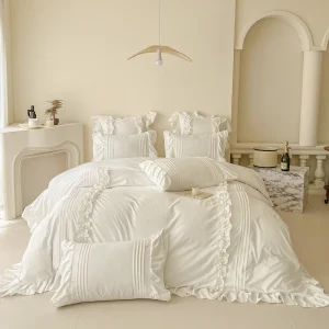 Set biancheria da letto in cotone lavato stile principessa con federa lenzuolo letto singolo completo copripiumino viola letto matrimoniale Queenking 1