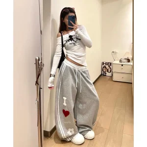 Pantaloni sportivi da donna con ricamo grigio con stella larga Pantaloni sportivi con fascia elastica Harajuku Pantaloni vintage Y2k stile giapponese anni 2000 1