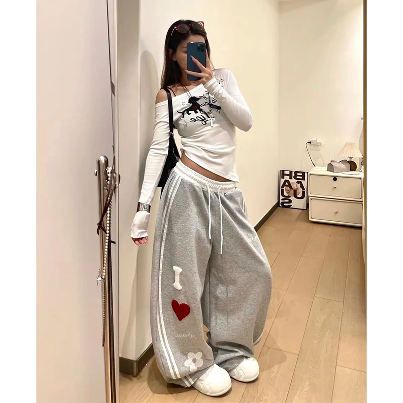 Pantaloni sportivi da donna con ricamo grigio con stella larga Pantaloni sportivi con fascia elastica Harajuku Pantaloni vintage Y2k stile giapponese anni 2000 1