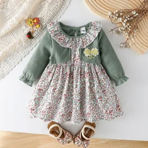 Baby New Girls' Dre ss Fashion Cute Doll Neck Abito con stampa floreale Abito da principessa a maniche lunghe per bambina per tutte le stagioni 1
