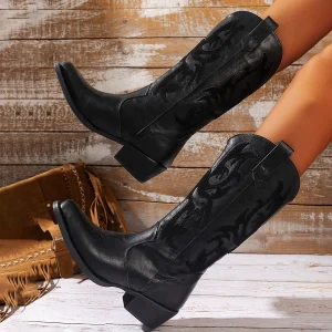 Nuovi stivali da donna alla moda con stivali da cowboy occidentali da donna con tacco spesso ricamato in pelle e punta quadrata 1