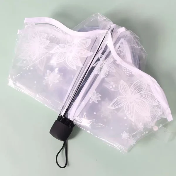 1 ombrello trasparente retrò con bordo trendy - ombrello pieghevole trasparente triplo - materiale in PVC, adatto per fotografie di viaggio 5