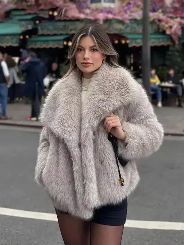 HH Cappotto elegante da donna in pelliccia sintetica Giacca calda e soffice a maniche lunghe con risvolto Autunno Inverno Moda High Street Lady Capispalla 5