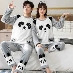 Coppia Pigiama Set Pigiama di flanella invernale Donna Abbigliamento da casa Indumenti da notte 2 pezzi Indumenti da notte da uomo Cartoon Panda Pijama Abiti caldi Vestito 1