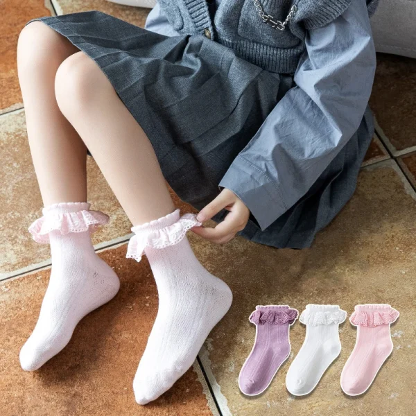Primavera Autunno Cotone con volant Danza Bambino Calze corte alla caviglia Bambini Ragazze Carino Princsee bianco con volant Calzino in pizzo per bambino 2