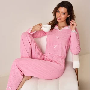 Pigiama da donna in tinta unita 2 pezzi Set pigiama con fiocco in pizzo Decorazione bavero sciolto manica lunga pigiama morbido e confortevole 1