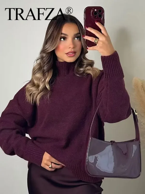 TRAFZA maglione dolcevita vintage bordeaux da donna pullover lavorato a maglia casual a maniche lunghe autunno inverno donna maglieria calda solida 4