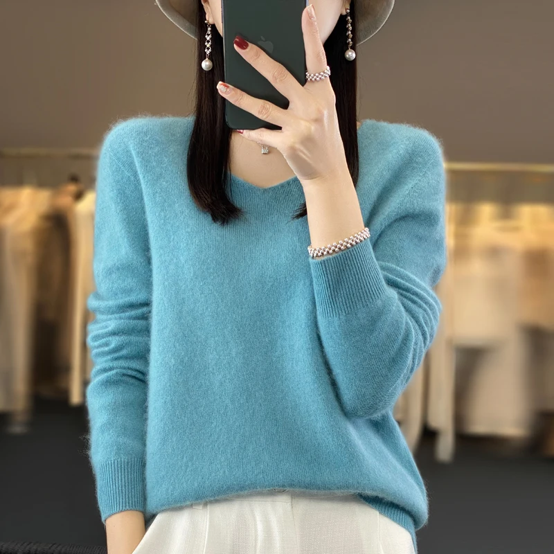 100% pura lana autunno inverno maglione di cashmere donna casual lavorato a maglia maglioni con scollo a V pullover morbido abbigliamento coreano femminile top 5