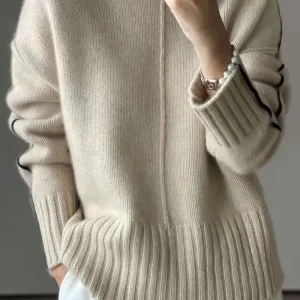 Maglione dolcevita da donna in puro cashmere, vestibilità ampia, pullover con fondo spesso, abbinato ai colori, stile europeo per l'autunno e l'inverno 1
