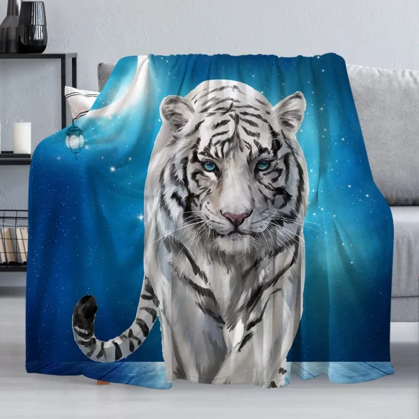 Coperta da tiro con tigre bianca, morbida e accogliente, calda coperta di flanella, tigre bianca siberiana sotto le coperte da notte stellata blu per divano letto 1