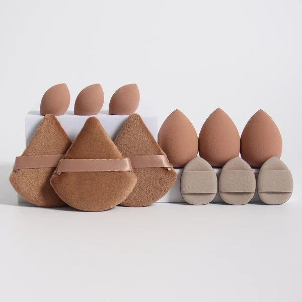 Set di 12 spugne per trucco multiuso, realizzate con 3 bignè di cipria sfusa, 3 mini soffio a cuscino d'aria, 3 uova di bellezza e 3 mini bellezza 3
