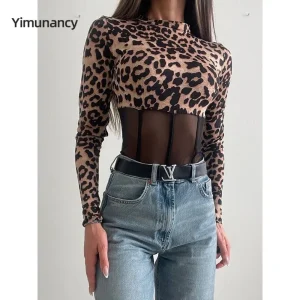 Yimunancy Bodycorn in rete da donna con stampa leopardata Body sexy a maniche lunghe Stand Colloar Body Femme 1