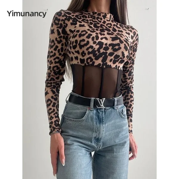 Yimunancy Bodycorn in rete da donna con stampa leopardata Body sexy a maniche lunghe Stand Colloar Body Femme 1