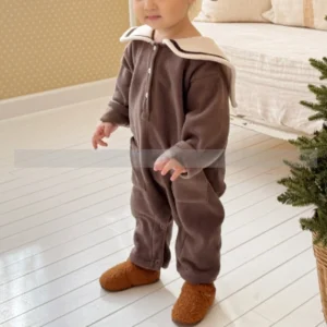 2025 Pagliaccetto in pile per bambini Tuta con colletto rovesciato grande stile navy Moda coreana Infantile Ragazzi Ragazze Autunno Inverno Outfit 1