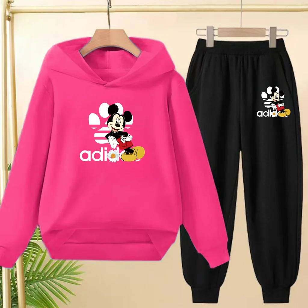 Felpa con cappuccio nera per bambini Anime Topolino Stampa Pullover 3-12 anni Cappotto Felpa + Pantaloni Ragazzi Ragazze Abbigliamento sportivo per bambini Set per il tempo libero 6