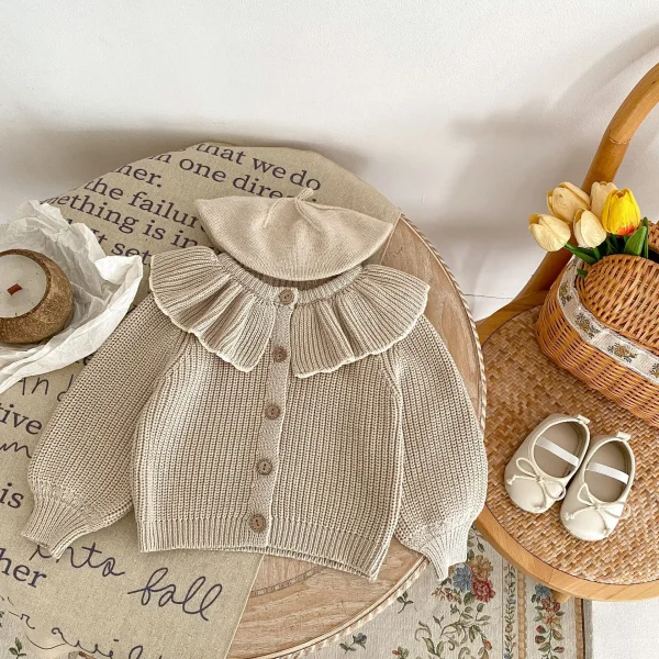 INS Primavera e Autunno Neonati 0-3 Anni Bambina Moda Colletto con Volant Cappotto Lavorato a Maglia Piccolo Cardigan Maglione Top 2