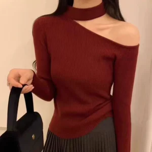 Maglione autunno stile coreano Pullover da donna Top con spalle scoperte Maglioni lavorati a maglia a maniche lunghe Maglioni femminili Maglione basic solido 1