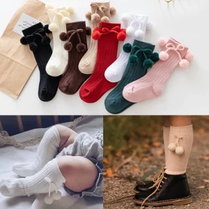 Calzini alti al ginocchio con palla per bambini da 0 a 3 anni, in morbido cotone, per bambine, con strisce carine, calzini lunghi per bambini spagnoli 1