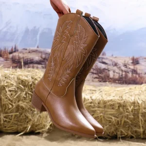 Stivali da donna occidentali 2024 Autunno Inverno Moda Stivali da cowboy con tacco grosso Stile vintage Paese Western Cowgirl Stivali con tacco alto 1