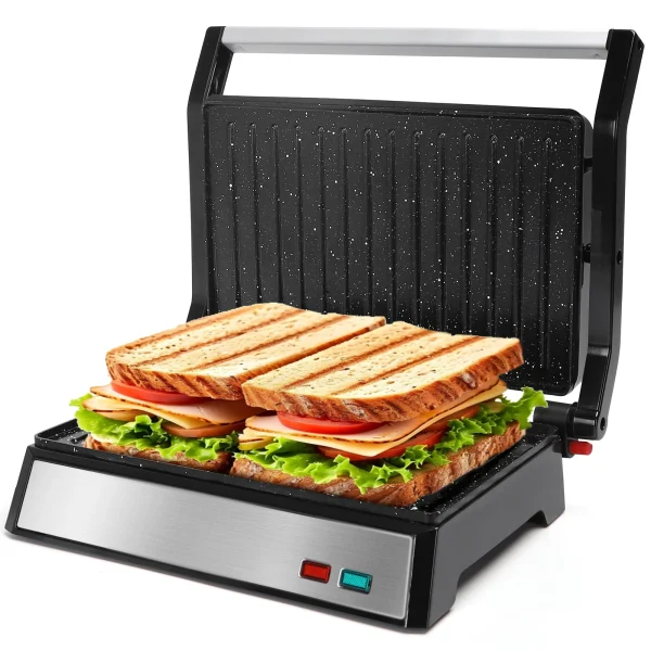 Aigostar Hett Pro Panini Maker/piastra per tostapane, rivestimento antiaderente in pietra ecologica, vassoio per grasso, pressa per Sandwich, padella elettrica, 1500 1