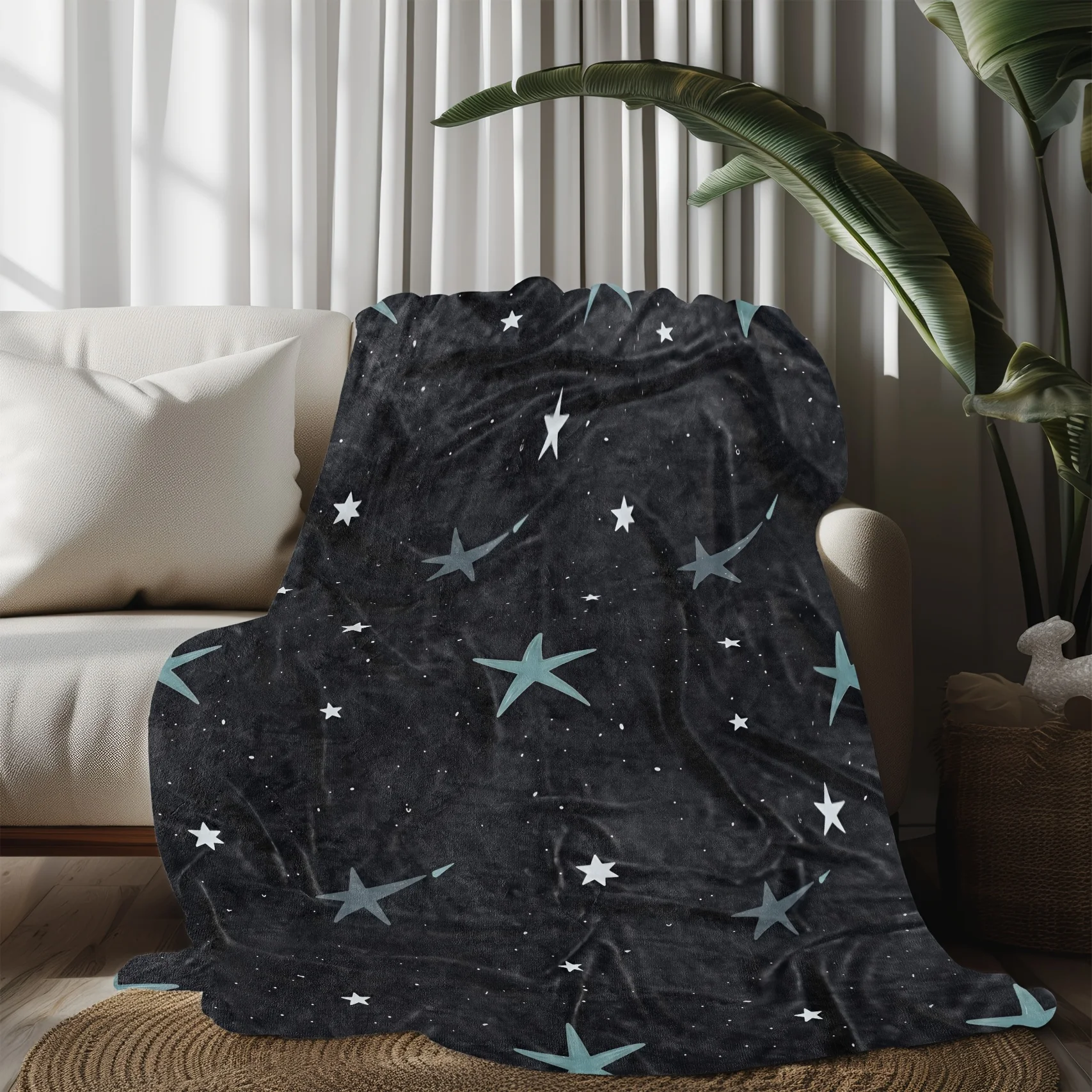 Una accogliente coperta in pile con un design del cielo notturno stellato, realizzata in 100% poliestere morbido e traspirante, perfetta come regalo per la famiglia 3