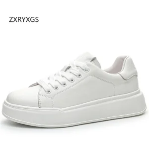 ZXRYXGS Scarpe bianche con lacci in pelle bovina 2025 Scarpe basse leggere e confortevoli con suola spessa Scarpe in pelle da donna Sneaker bianca di grandi dimensioni 1