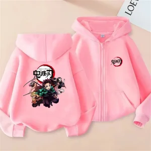 Top stile cerniera per bambini cappotto Demon Slayer ragazzo Ragazze Felpa con cappuccio adatta età 3-12 Felpa per bambini moda Anime Cosplay Abbigliamento 1