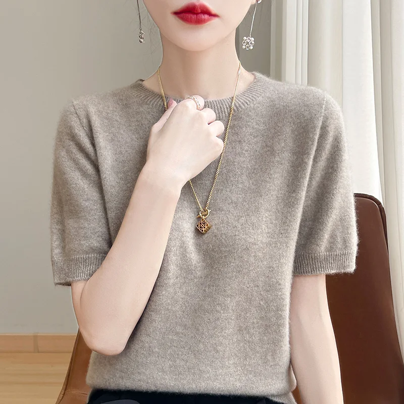 Nuovo maglione lavorato a maglia girocollo alla moda, tinta unita a maniche corte, pullover da donna di prima linea leggero e confortevole-RY130 5