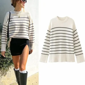Maglione largo a righe Beige Pullover da donna Streetwear top lavorato a maglia a maniche lunghe maglione femminile autunno inverno maglioni lavorati a maglia larghi 1