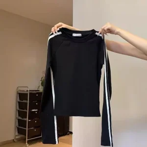 High Street Patchwork a righe Slim Top Primavera Autunno Manica lunga O-Collo Tendenza a contrasto T-shirt Moda Casual Abbigliamento donna 1