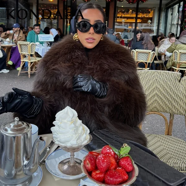 KONDALA 2025 Autunno Inverno Casual Pelliccia Sintetica Marrone Donna Giacche Calde Streetwear Colletto rovesciato Cappotti eleganti oversize natalizi 5