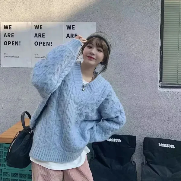 Maglione da donna autunno inverno Harajuku pullover lavorato a maglia oversize coreano manica lunga scollo a V maglieria maglione allentato solido preppy 6