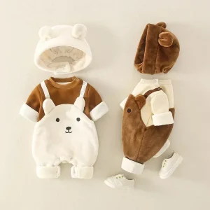 Vestiti per neonati invernali tute con cinturino caldo in peluche Cute Bear neonate ragazzi pagliaccetto set per bambini a maniche lunghe in stile coreano 1