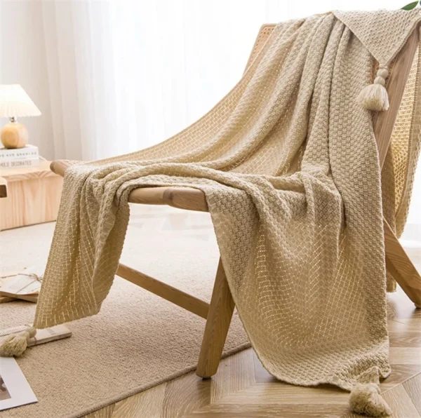 Coperte nordiche per divano letto Divano Copriletto in maglia grossa Coperta lavorata a maglia con nappa Coperta in rilievo con waffle tinta unita 2