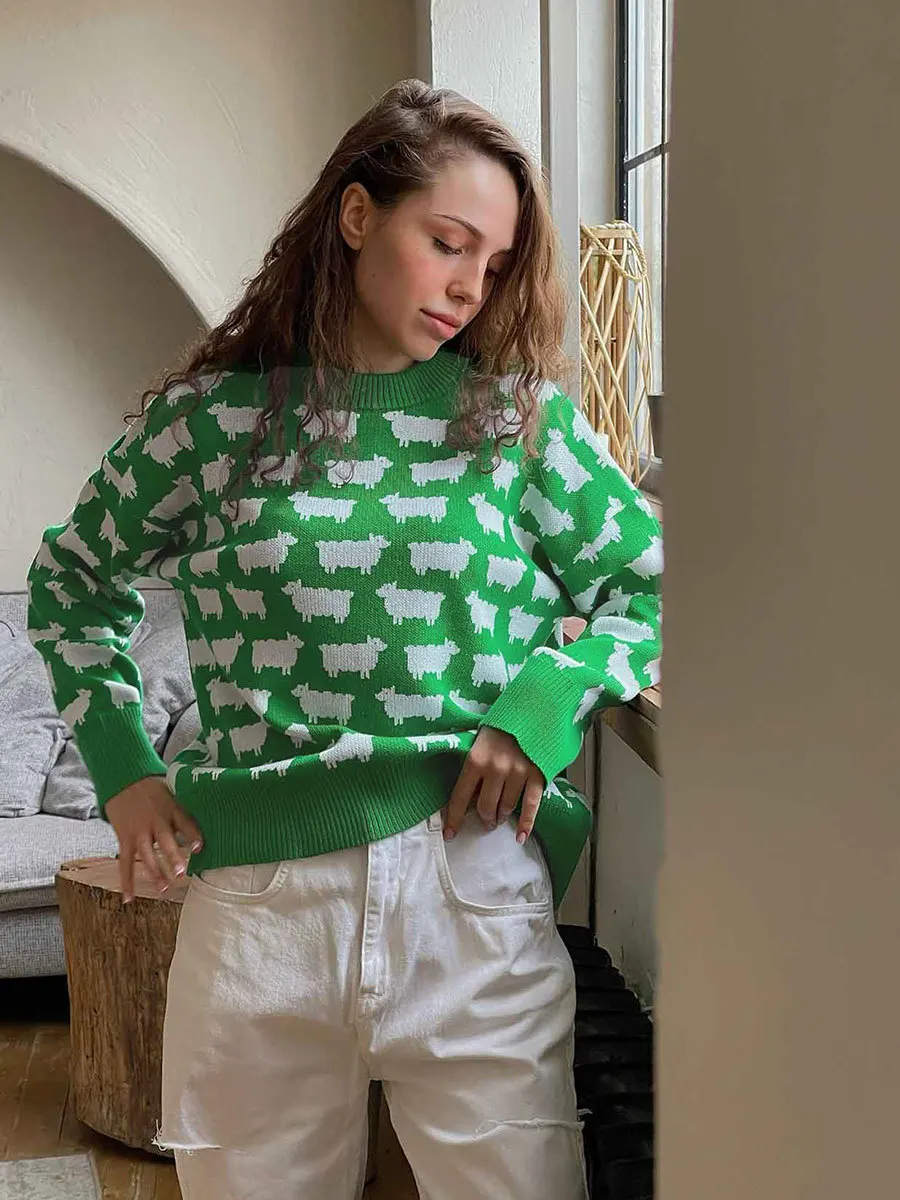 Maglione lavorato a maglia con scollo a O di pecora da donna Maglieria Pullover grigio Maglione lavorato a maglia allentato Blu Rosso Nero Verde Pull Autunno Inverno 2025 Nuovo 3