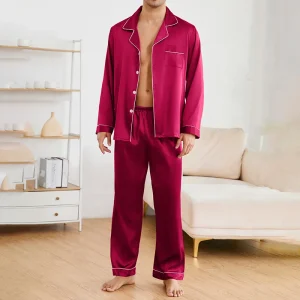 Pigiama in raso da uomo Set Autunno Colletto con risvolto Manica lunga Top e pantaloni Indumenti da notte Button Down Pigiama Abbigliamento per la casa Pigiama per uomo 1