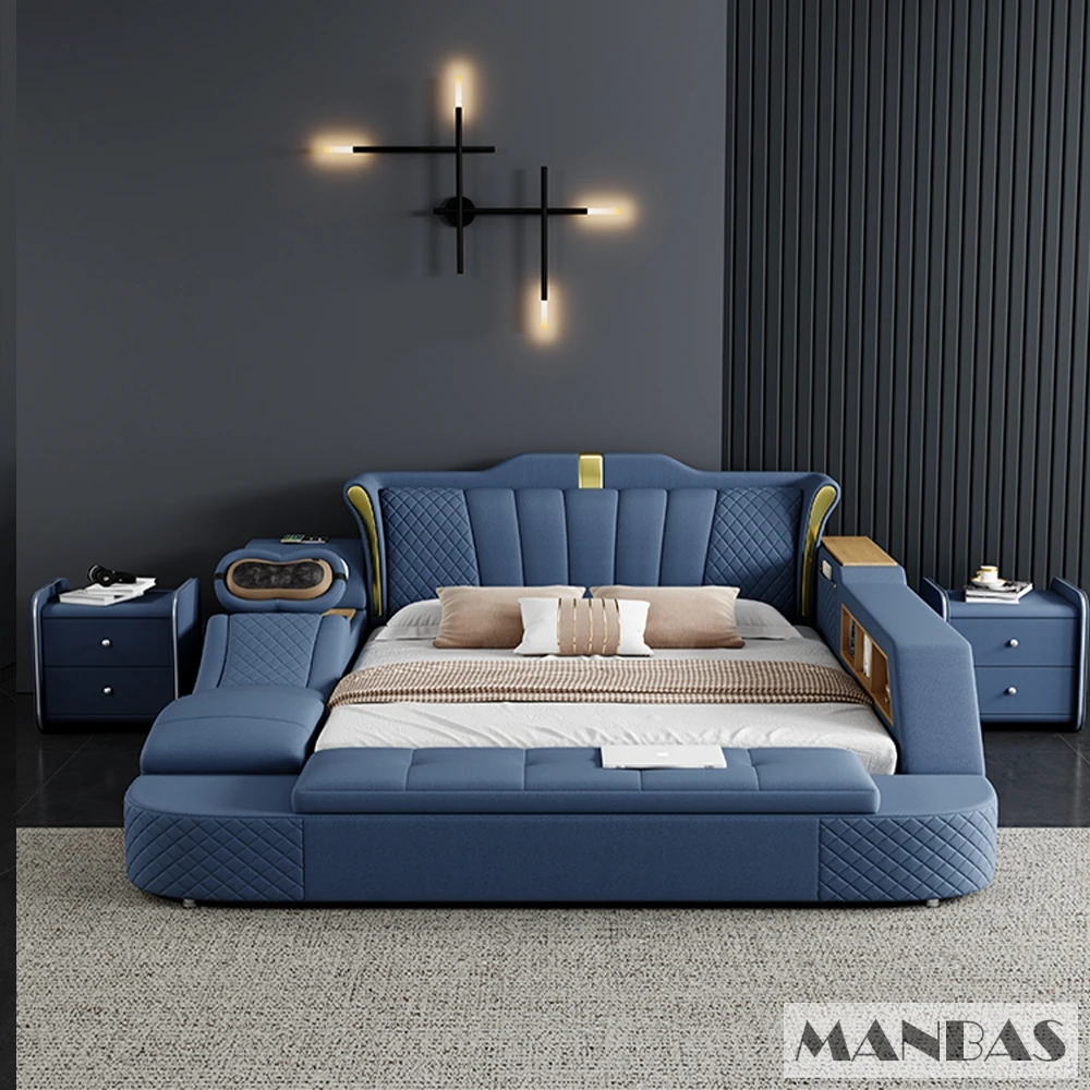 Tech Smart Bed 2 persone con struttura letto king size Queen, vera pelle, massaggio, USB, altoparlante Bluetooth e cassaforte di MINGDIBAO 4