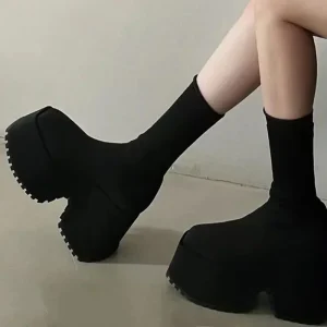 Stivali calzino Donna Piattaforma con zeppa nascosta Scarpe casual femminili Autunno Nuova zeppa Lady Knitting Stivaletti corti Piattaforma 11 CM 1
