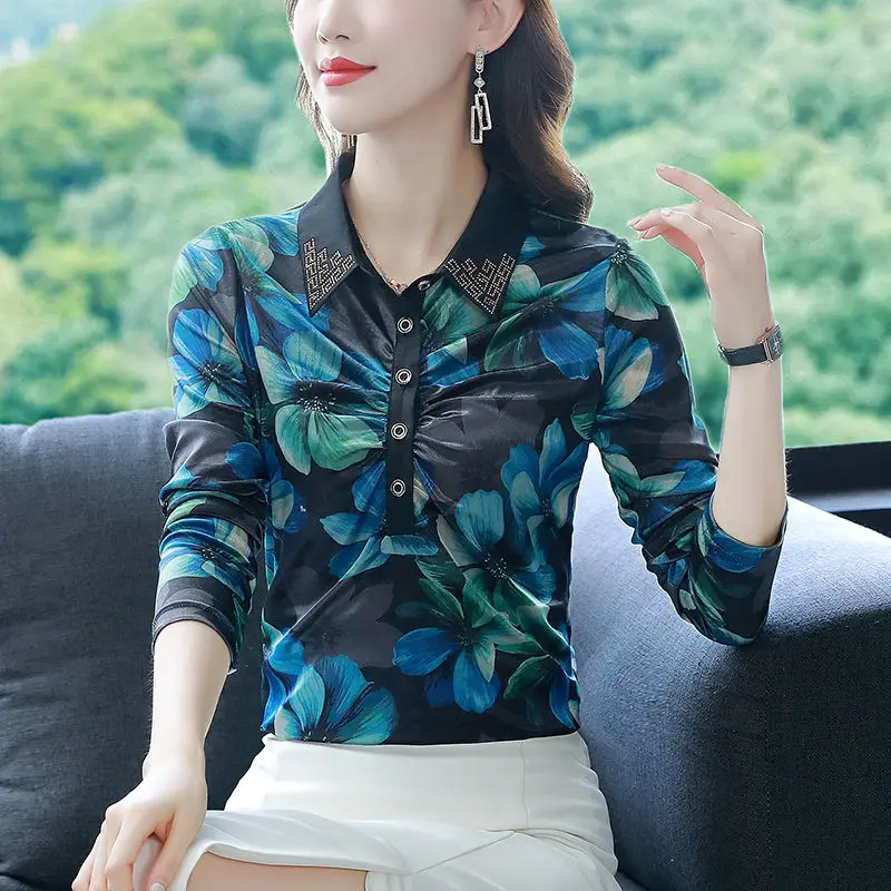 Primavera Autunno Nuova camicia base stampata con colletto polo a maniche lunghe Taglie forti Stomaco che nasconde il temperamento elegante che riduce l'età 3