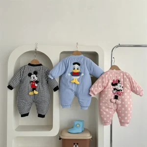 Disney Autunno Inverno Neonati maschi Pagliaccetto con peluche Vestiti per ragazze Topolino Minnie Donald Cappotto con cappuccio in cotone Tuta 1