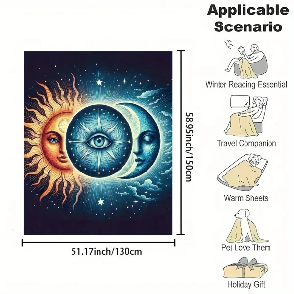 Coperta da tiro in flanella celeste con sole e luna stampata digitale - Tessuto non tessuto reversibile, per tutte le stagioni, poliestere 5