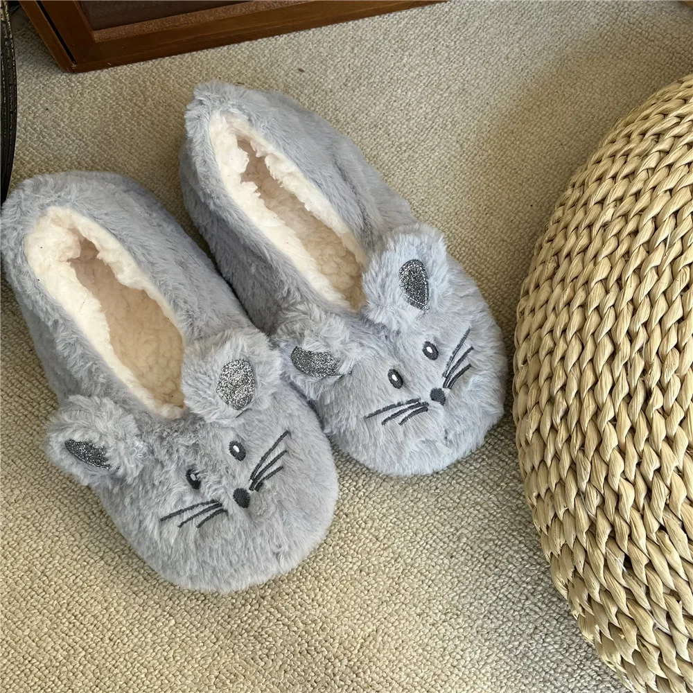 Pantofola fuzzy per la casa da donna in pelliccia invernale calda peluche antiscivolo impugnatura interna soffice pigra orecchie da mouse femminile scarpa da pavimento sneaker soggiorno 4