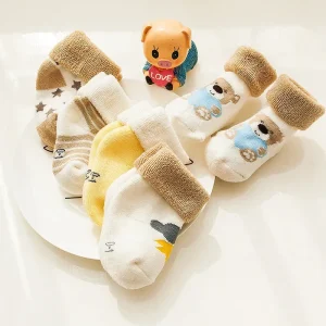 5 paia di calzini per bambini con strisce calde autunno inverno, simpatici cartoni animati, calzini spessi per neonati, morbidi calzini per neonati con motivo a stella 1