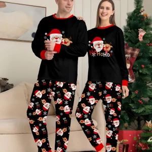 Set di indumenti da notte per coppia di Natale - Pigiama con pantaloni a maniche lunghe con stampa "Ho Ho" di Babbo Natale nero e motivo festivo 1