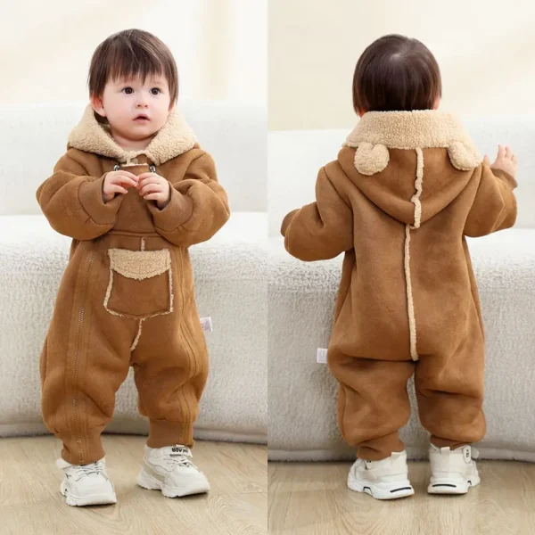 Tutina in pelliccia sintetica per bambini 2025 Nuovo pagliaccetto per bambini autunno inverno più velluto caldo tuta per ragazza ragazzo tuta con cappuccio cappotto per bambini 0-24 mesi 3